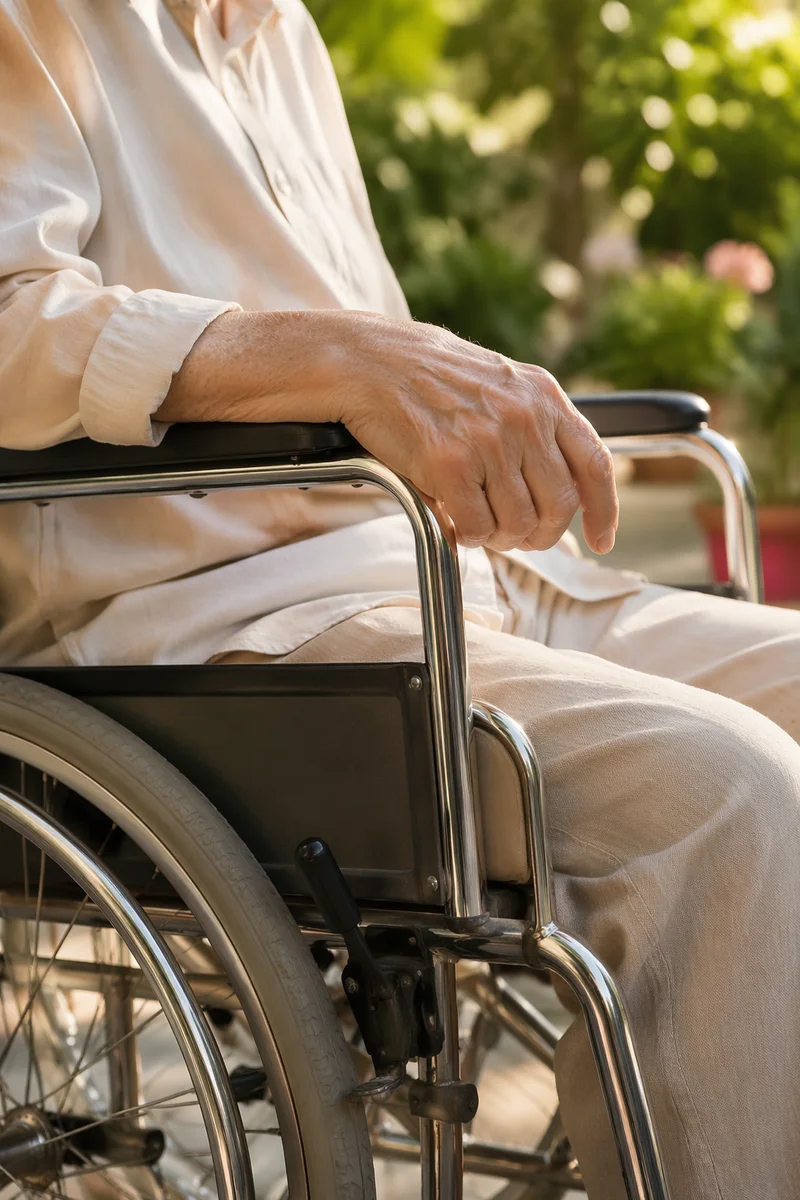 Elderly Wheelchair Hand in Sunny Garden
