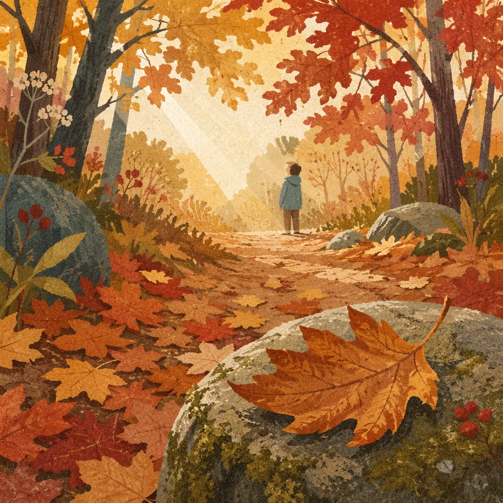 Peaceful Autumn Woodland Path at Sunrise