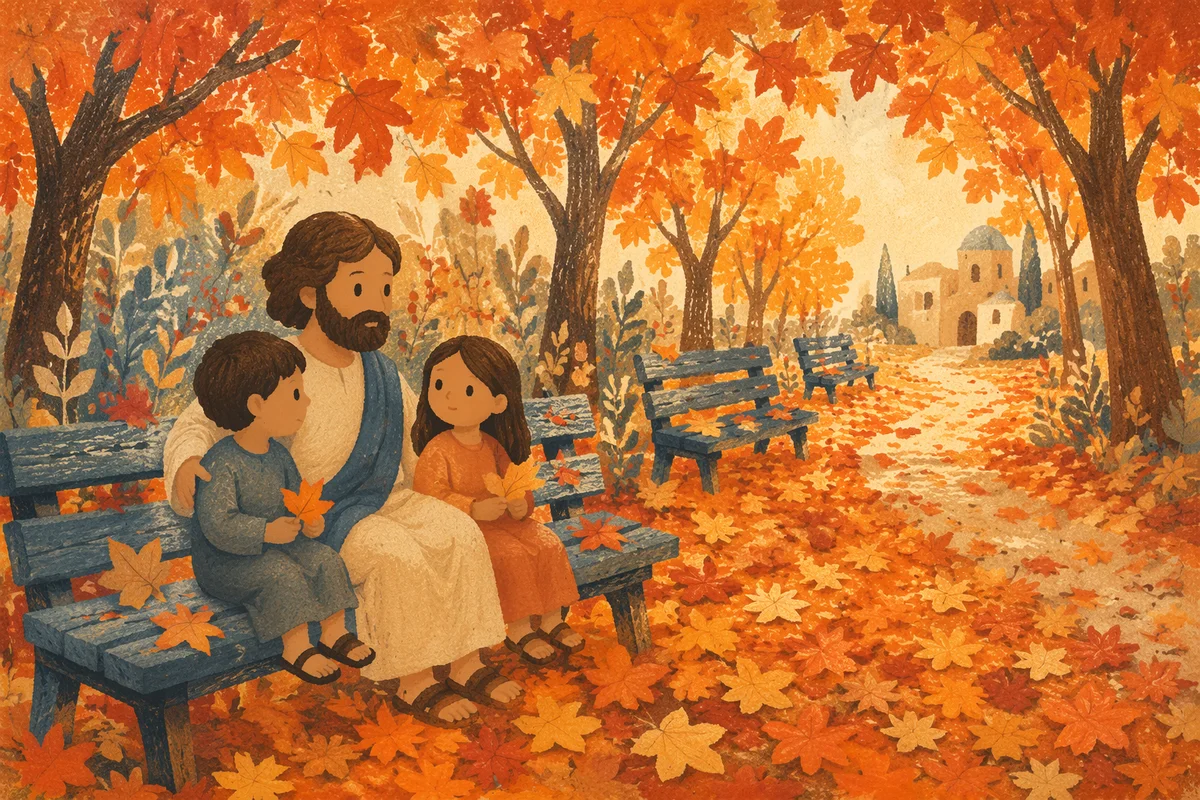 Peaceful Autumn Park Benches with Fallen Leaves