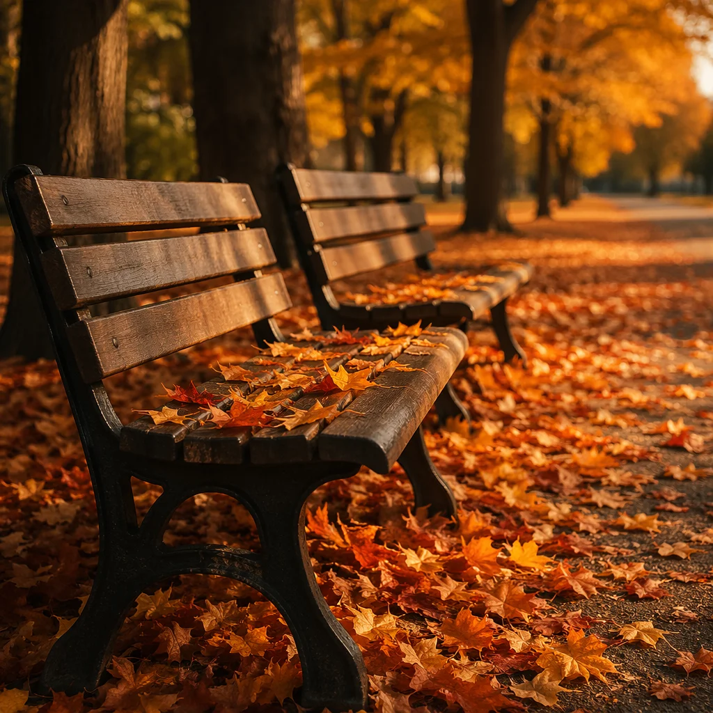 Peaceful Autumn Park Benches with Fallen Leaves