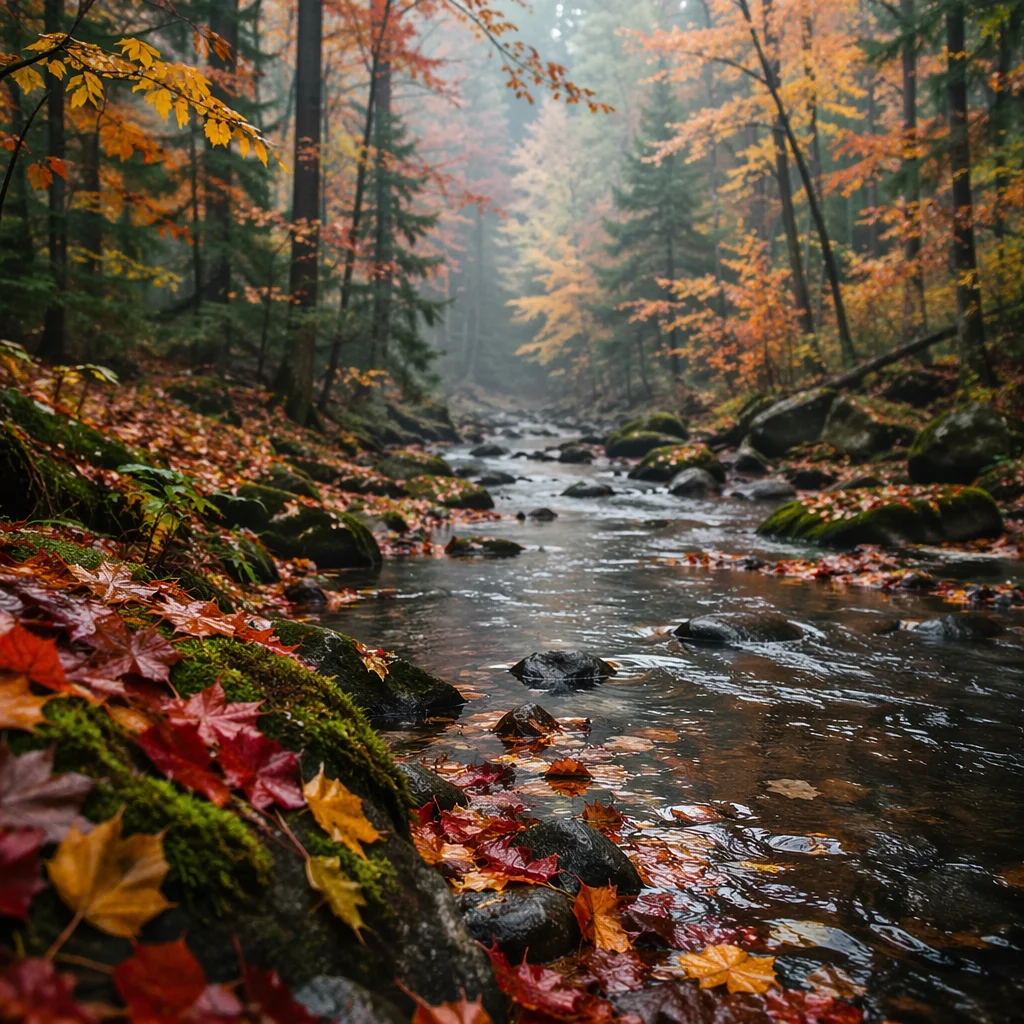 Quiet Autumn Forest Stream with Colorful Leaves