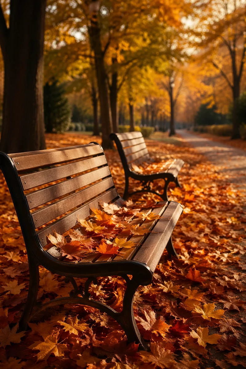 Peaceful Autumn Park Benches with Golden Leaves