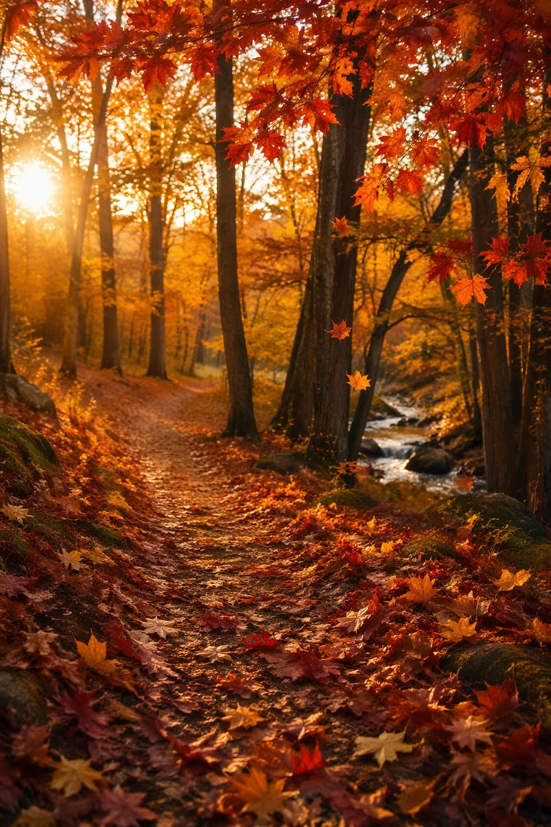 Peaceful Autumn Woodland Path at Golden Hour