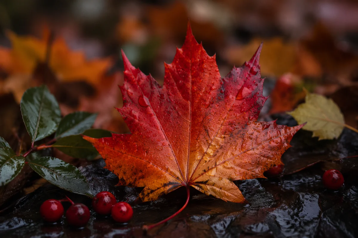 Colorful Autumn Leaf on Rainy Forest Floor