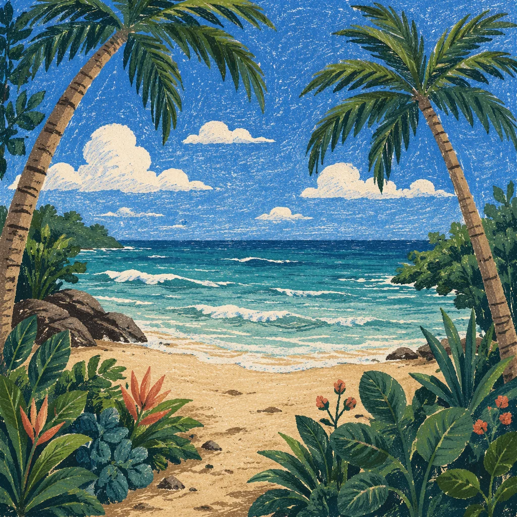 Tropical Beach Waves Under Summer Sky