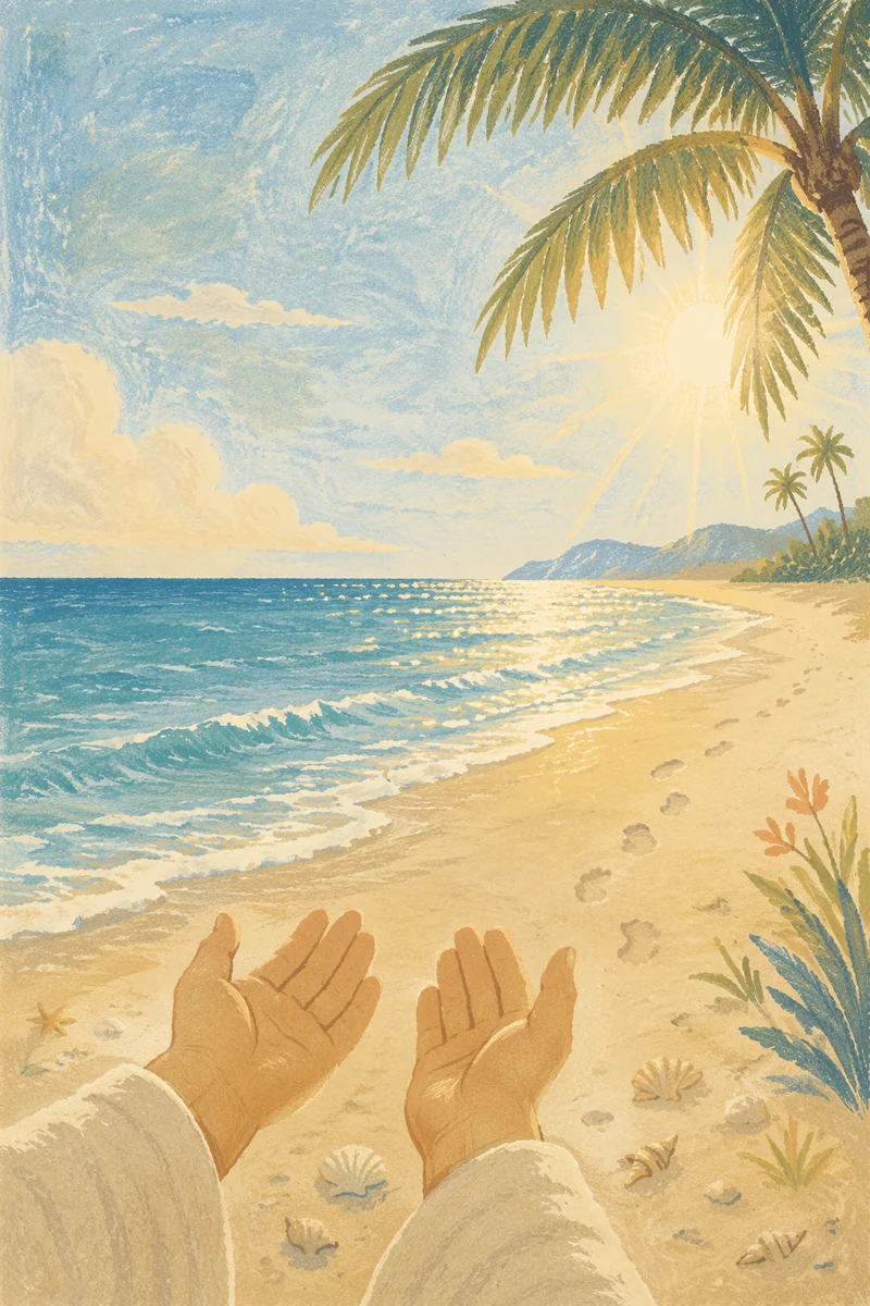 Peaceful Tropical Shoreline with Open Hands