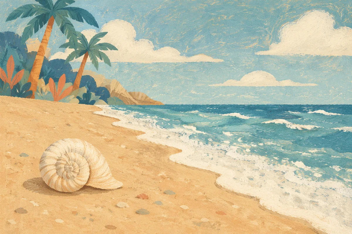 Quiet Tropical Shoreline With Spiral Seashell