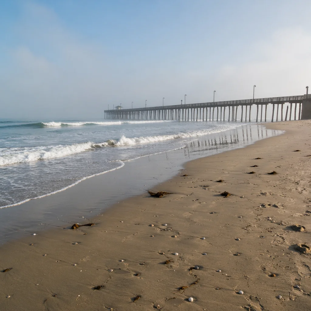 Misty Summer Beach With Wooden Pier