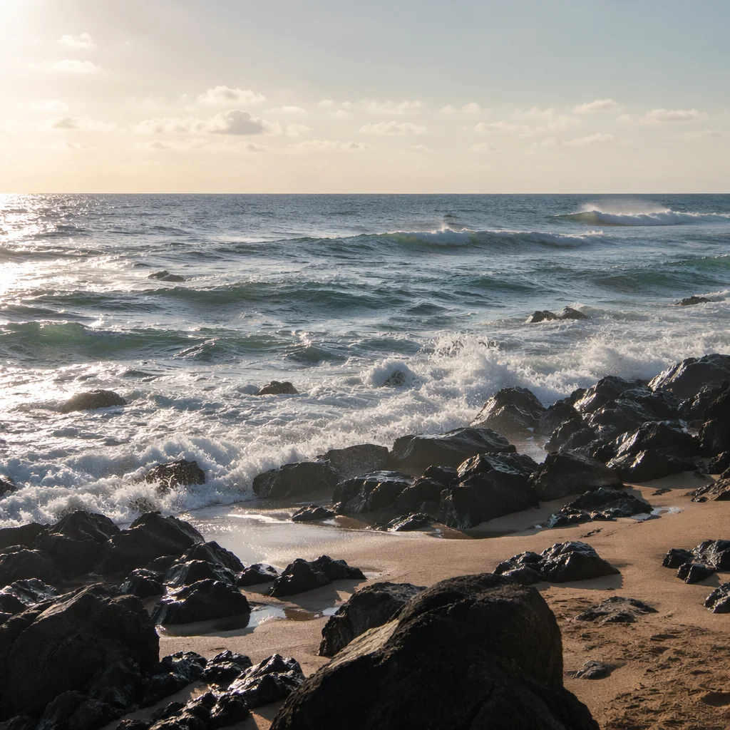 Summer Waves Over Volcanic Sandy Shore
