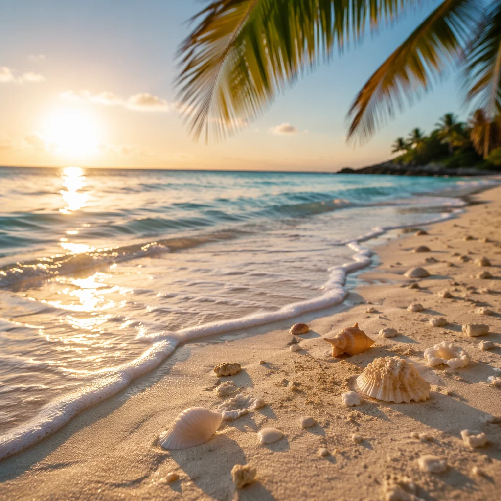 Peaceful Tropical Shoreline at Golden Sunrise