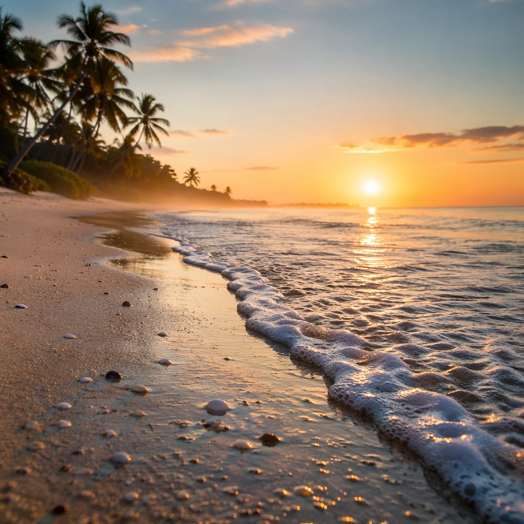 Tropical Dawn Waves on Sandy Shore