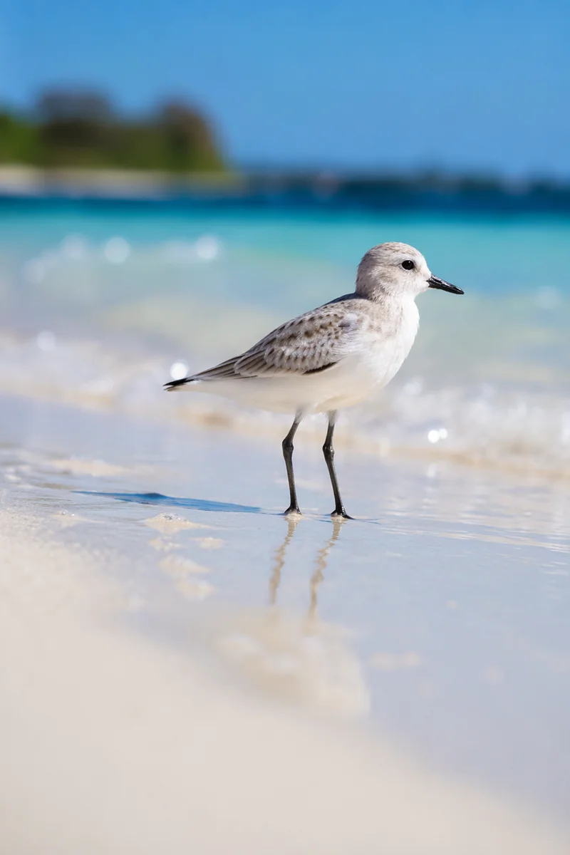 Tropical Shorebird on Sunlit Beach Waves