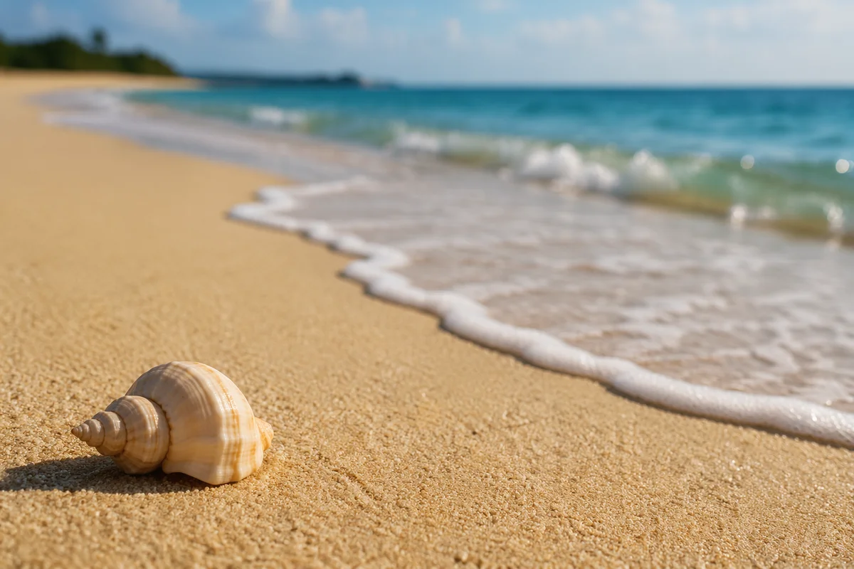 Tropical Seashell on Golden Beach Shoreline