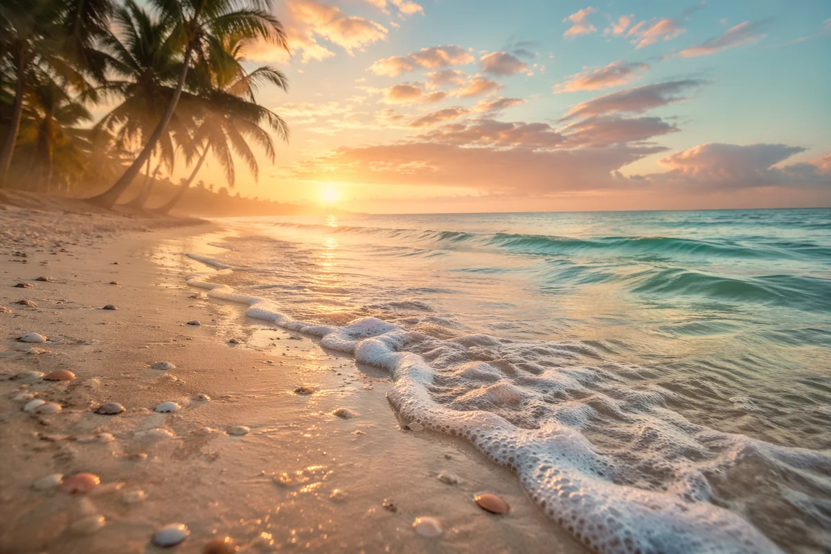 Tropical Dawn Waves on Peaceful Sandy Shore