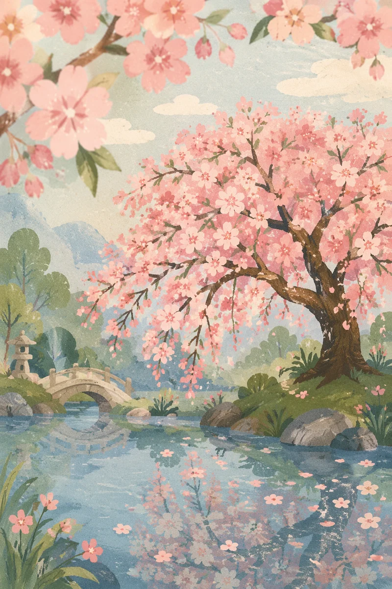 Cherry Blossom Tree by Misty Pond