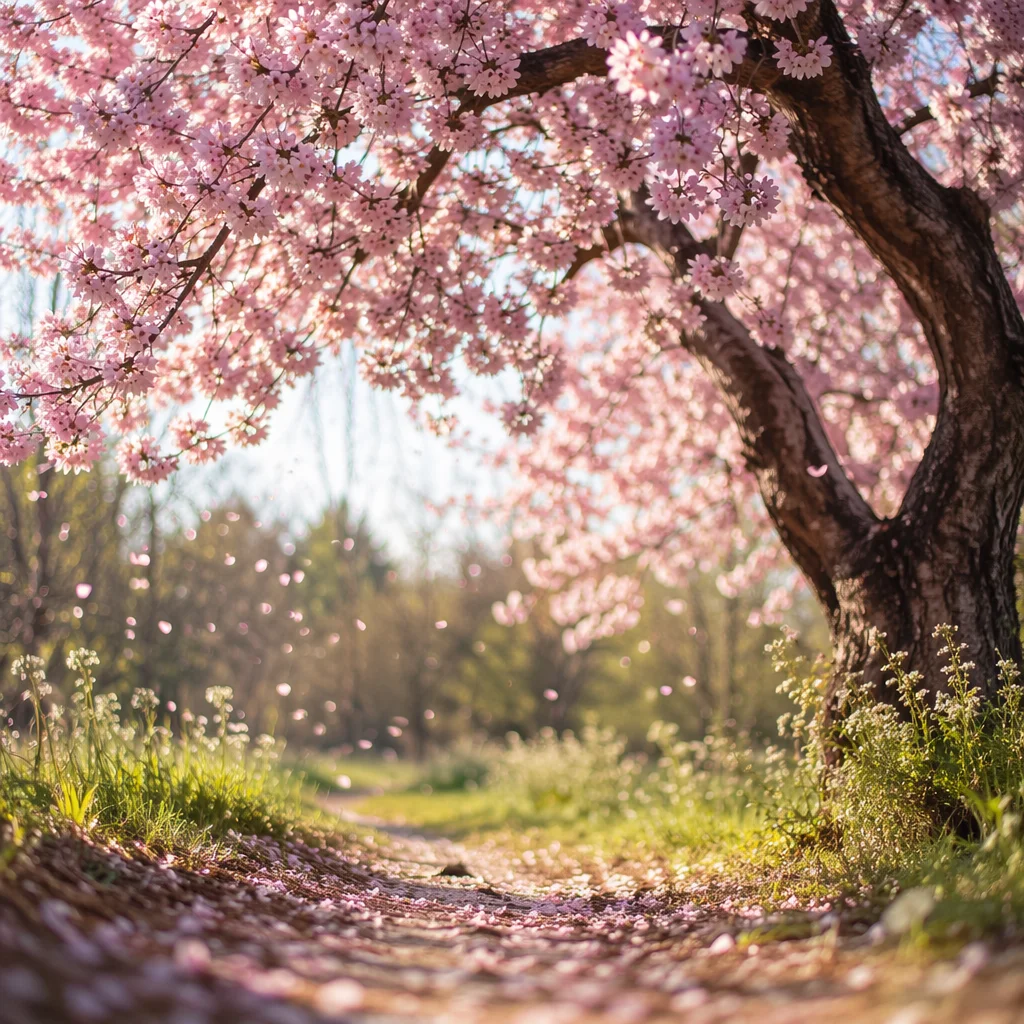 Cherry Blossom Tree Along Spring Meadow Path