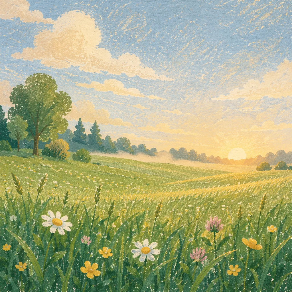 Sunlit Green Meadow at Spring Dawn