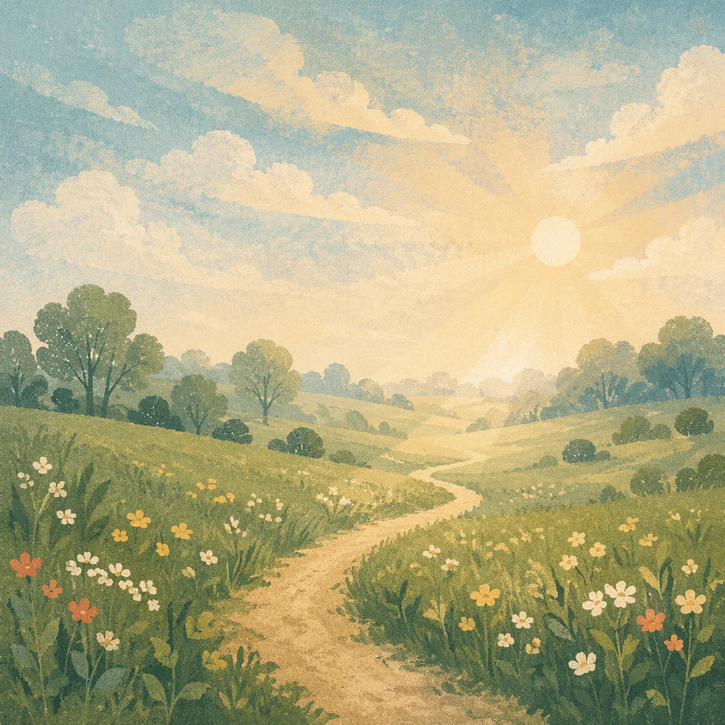 Peaceful Green Meadow Path at Sunrise