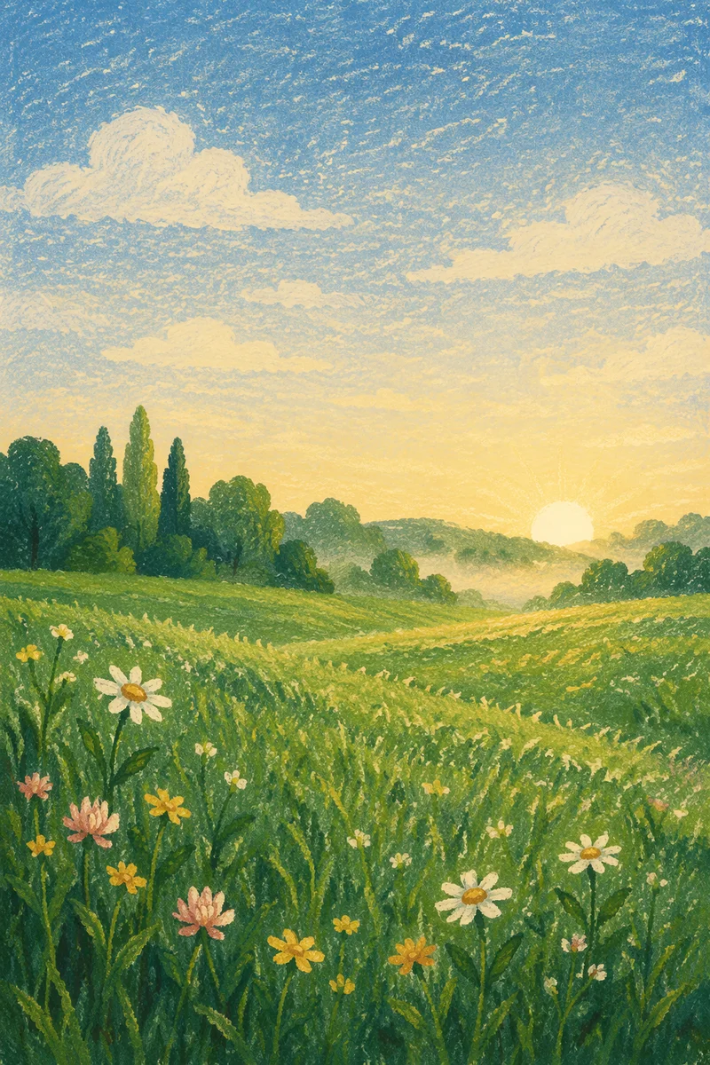 Sunrise Meadow with Dewy Green Grass