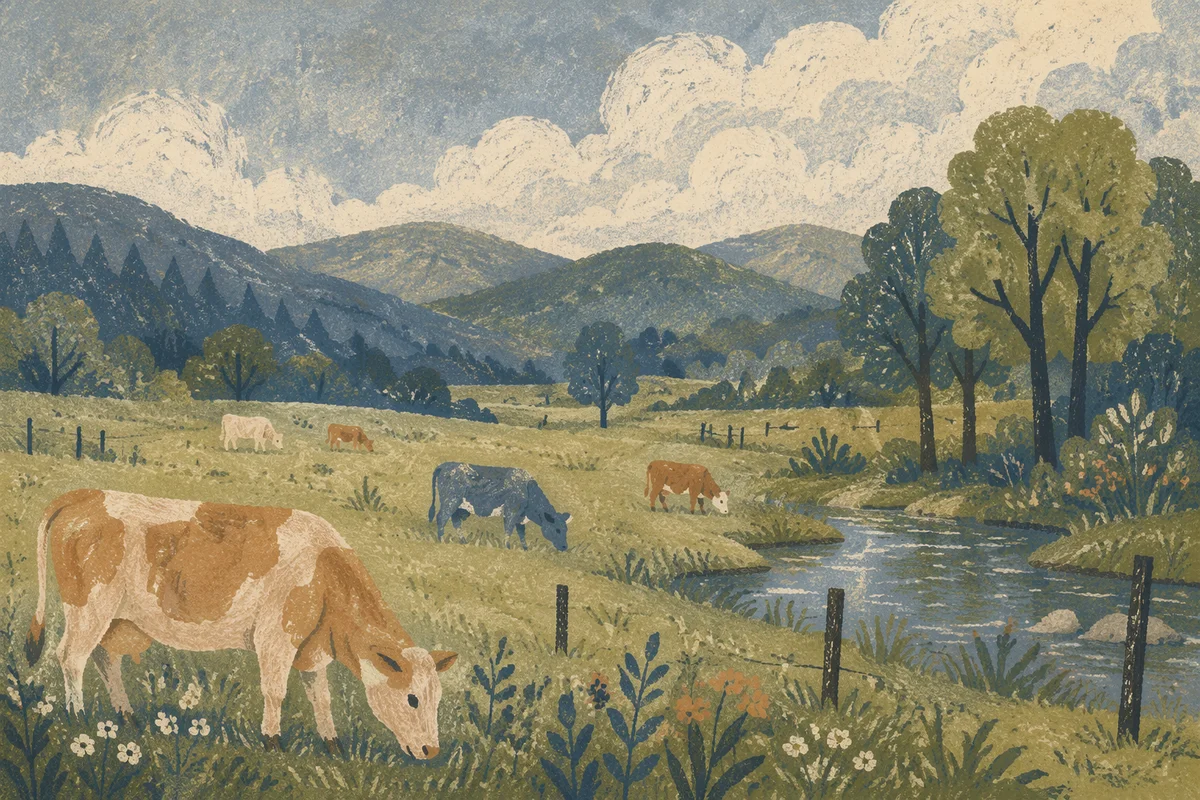 Peaceful Green Pasture With Grazing Cattle