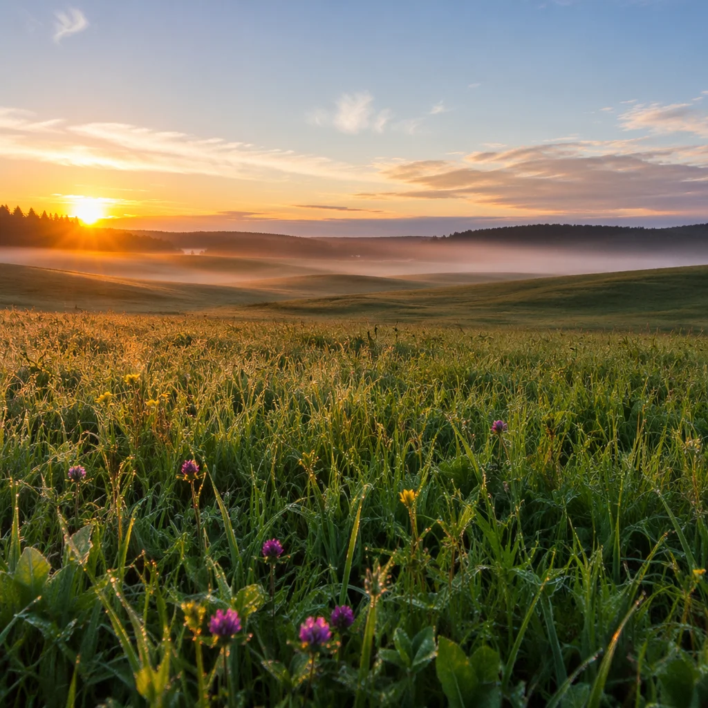 Sunrise Meadow with Dewy Green Grass