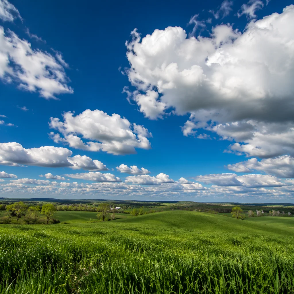 Lush Green Field Under Dramatic Blue Sky