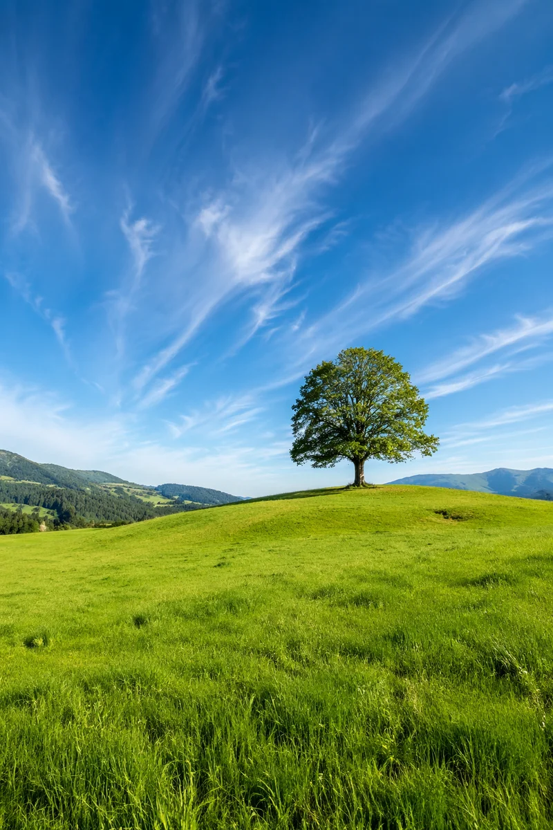 Green Meadow Tree Under Expansive Sky