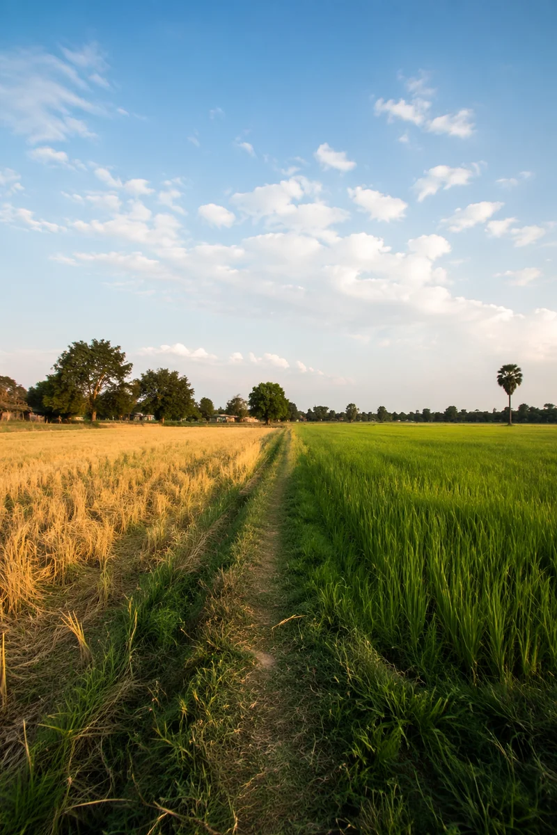 Peaceful Rural Field Under Cloudy Blue Sky