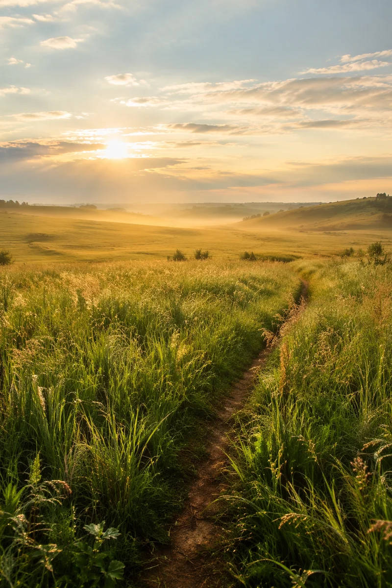 Morning Meadow Path Through Green Hills
