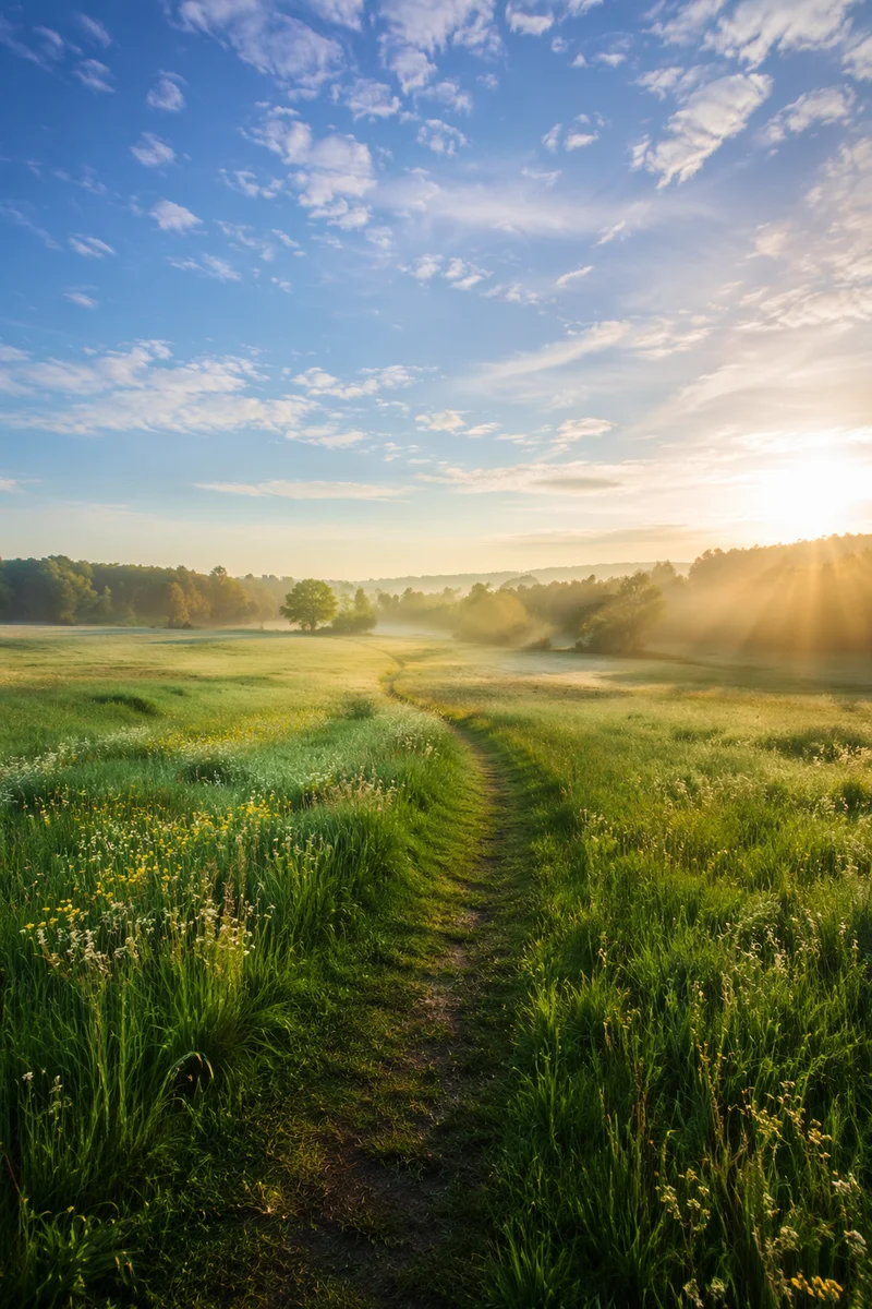 Peaceful Green Meadow Path at Sunrise
