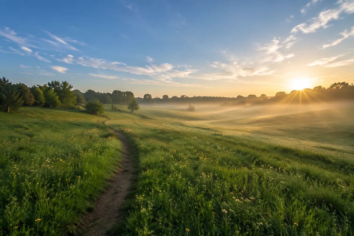 Peaceful Green Meadow Path at Sunrise