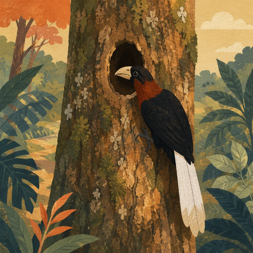 Tropical Bird on Sunlit Forest Trunk