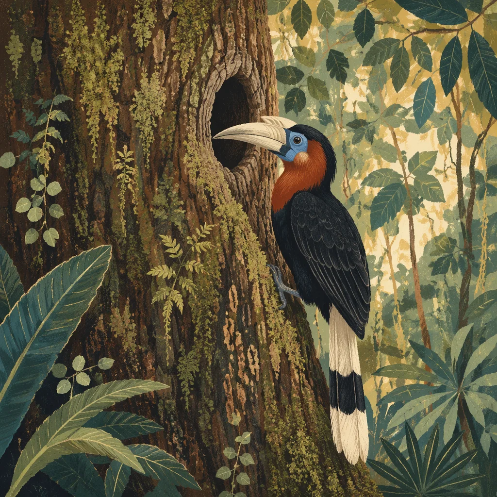 Tropical Hornbill on Mossy Rainforest Tree