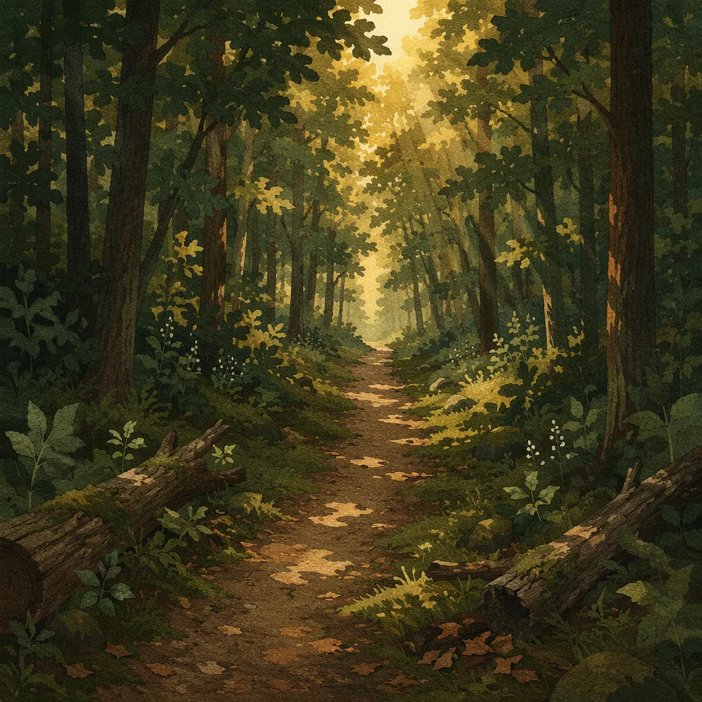 Sunlit Forest Path Through Green Woodland