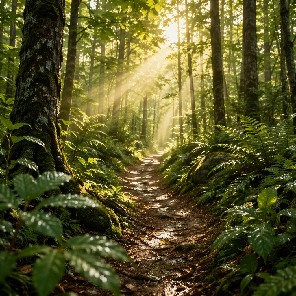 Sunlit Forest Path for Peaceful Reflection