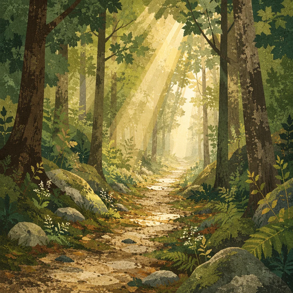 Sunlit Forest Path After Morning Rain