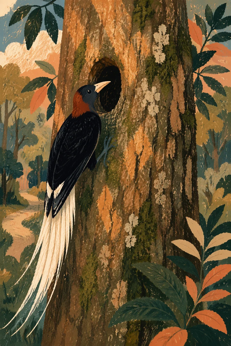 Tropical Bird on Mossy Forest Trunk