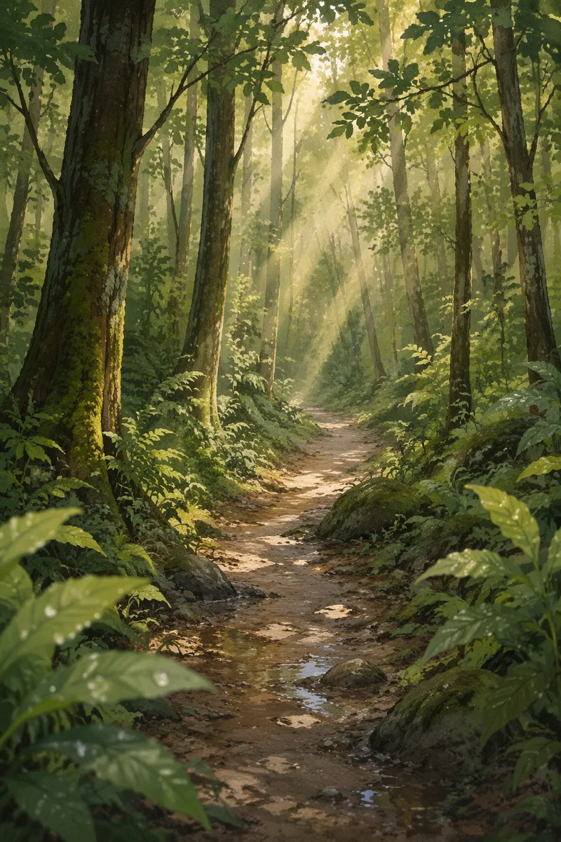 Sunlit Forest Path After Morning Rain
