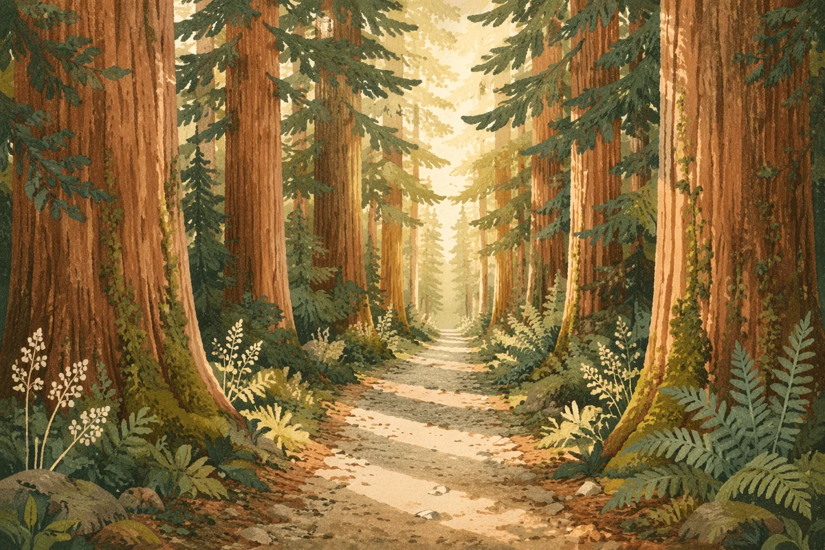 Sunlit Evergreen Forest Path