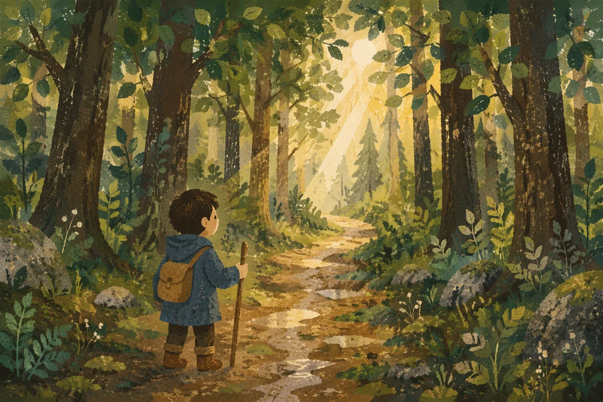 Sunlit Forest Path After Morning Rain