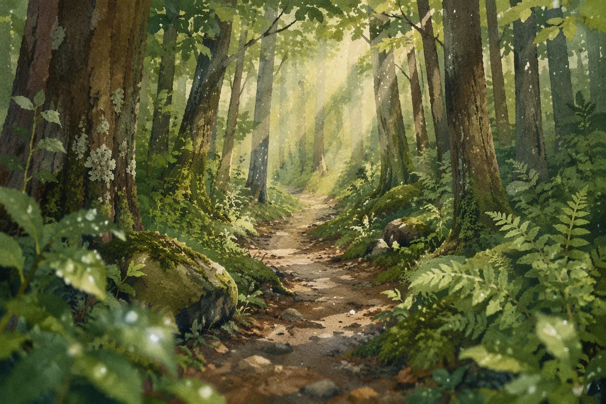 Sunlit Forest Path After Morning Rain