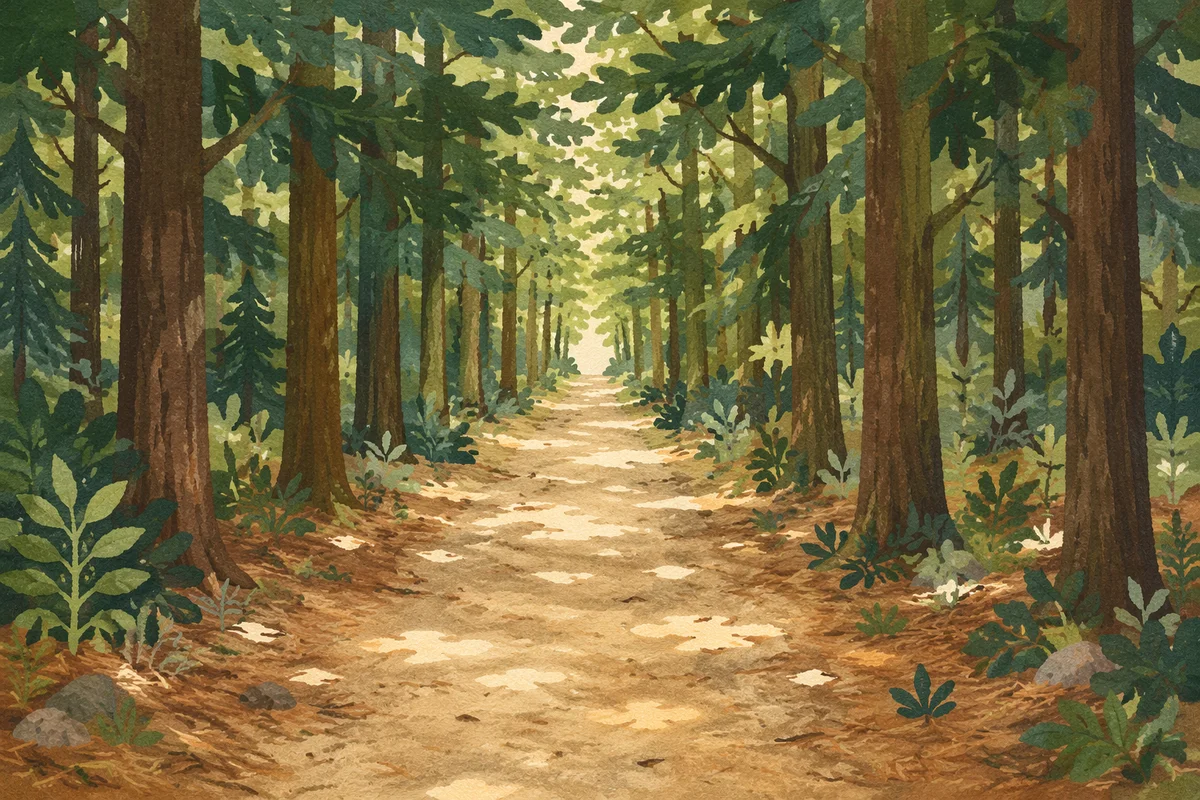 Sunlit Forest Path Through Green Trees