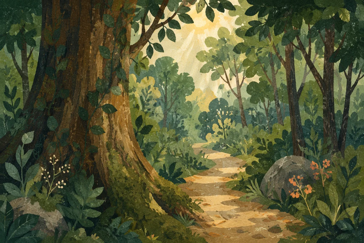 Sunlit Forest Path Through Green Woodland