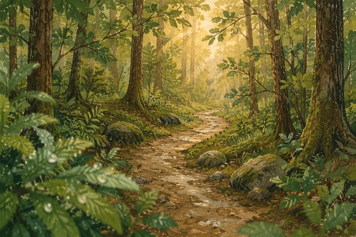 Sunlit Forest Path After Morning Rain