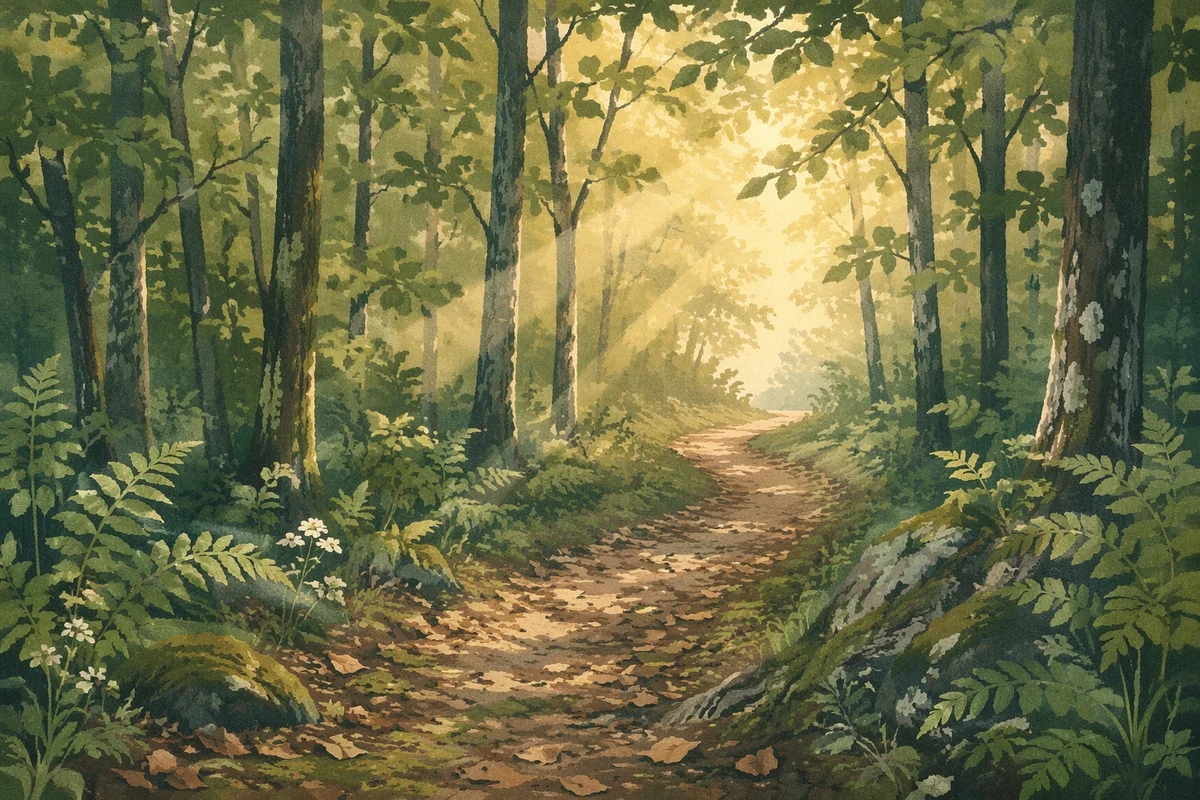 Sunlit Forest Path After Morning Rain