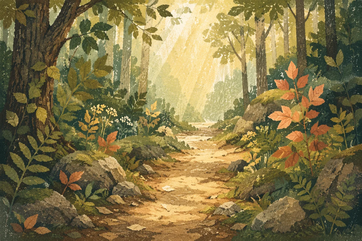 Sunlit Forest Path After Morning Rain