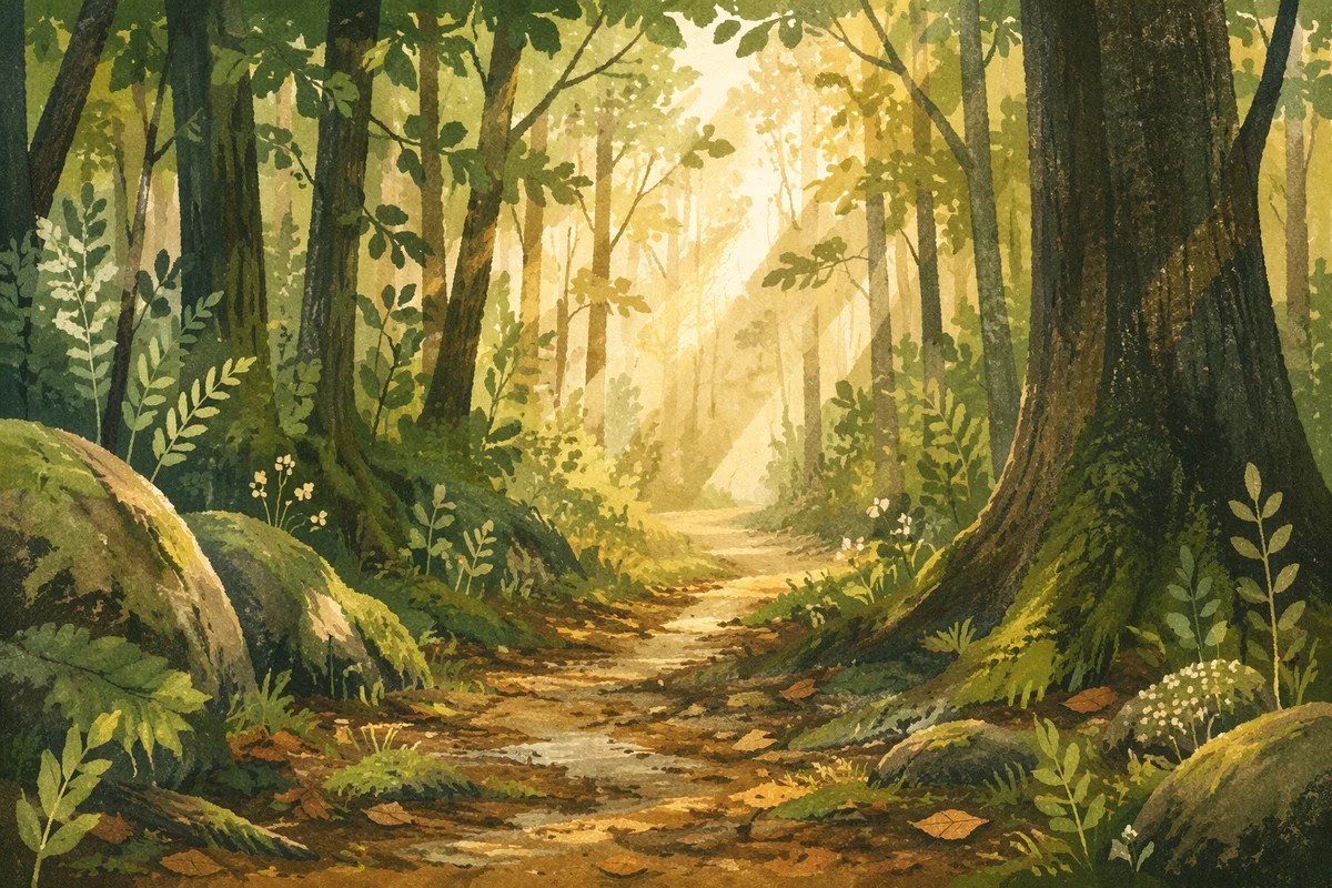 Sunlit Forest Path After Morning Rain