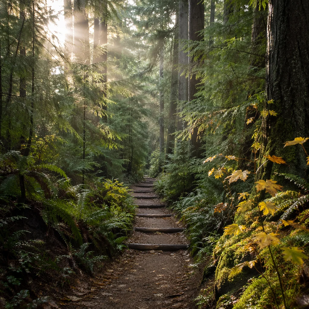 Sunlit Evergreen Forest Path with Misty Rays
