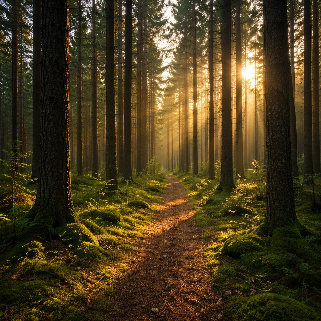 Sunlit Mossy Path Through Conifer Forest