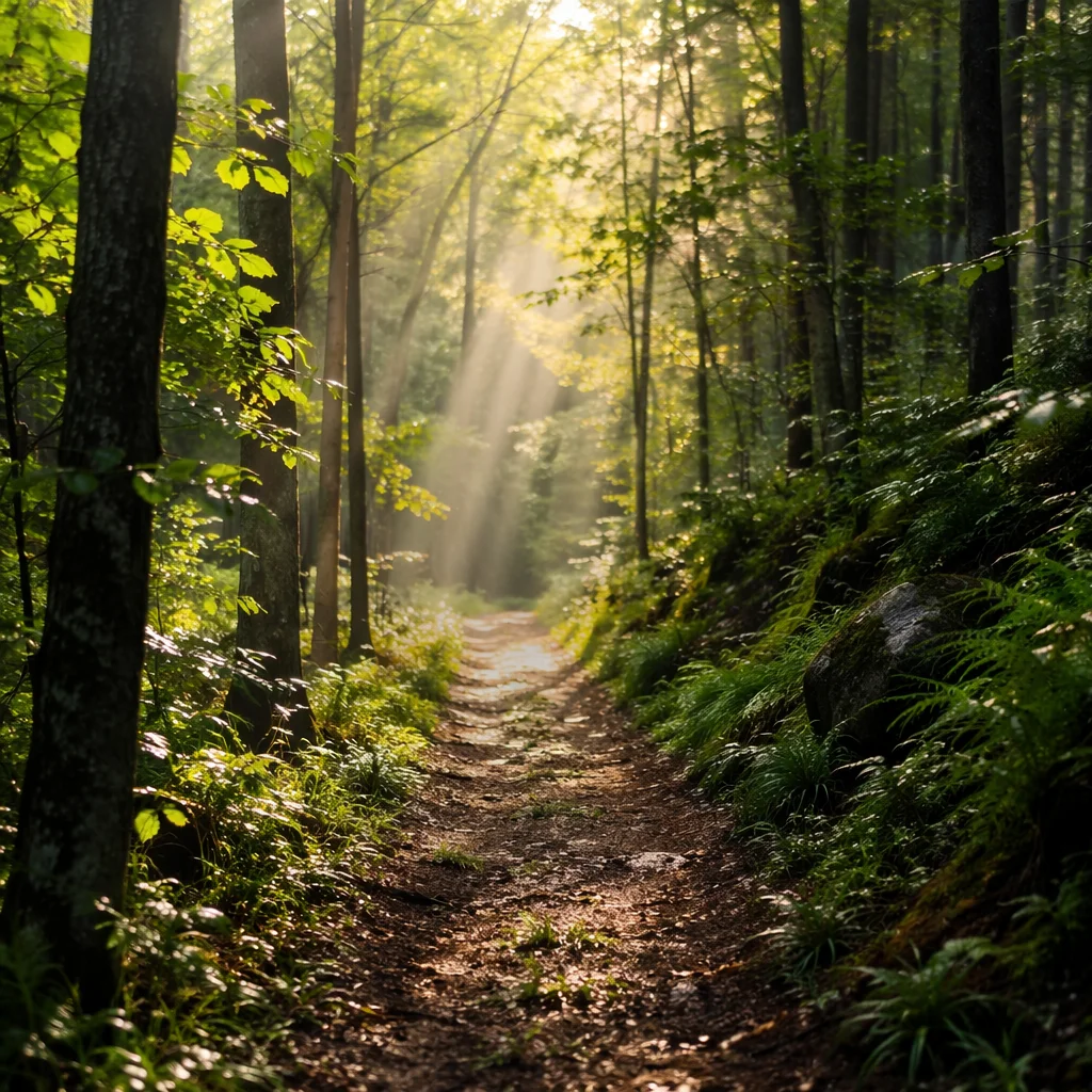 Sunlit Forest Path After Morning Rain